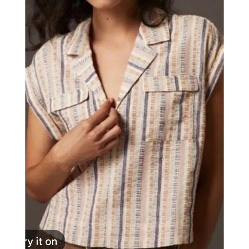 Anthropologie Size XS Cropped Utility Pullover Cream Striped